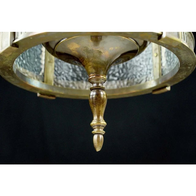 Metal 1940s Federal Bronze Clear Pebbled Glass Hanging Lantern For Sale - Image 7 of 11