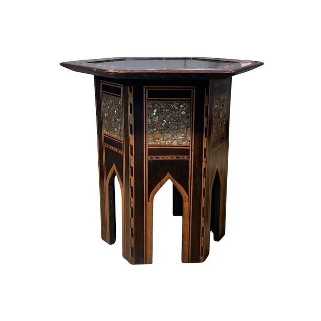 19th Century Hand-Crafted Moroccan Hexagonal Pedestal Table with Ebonised Wooden Top, & Repetitive Geometric Inlaid...