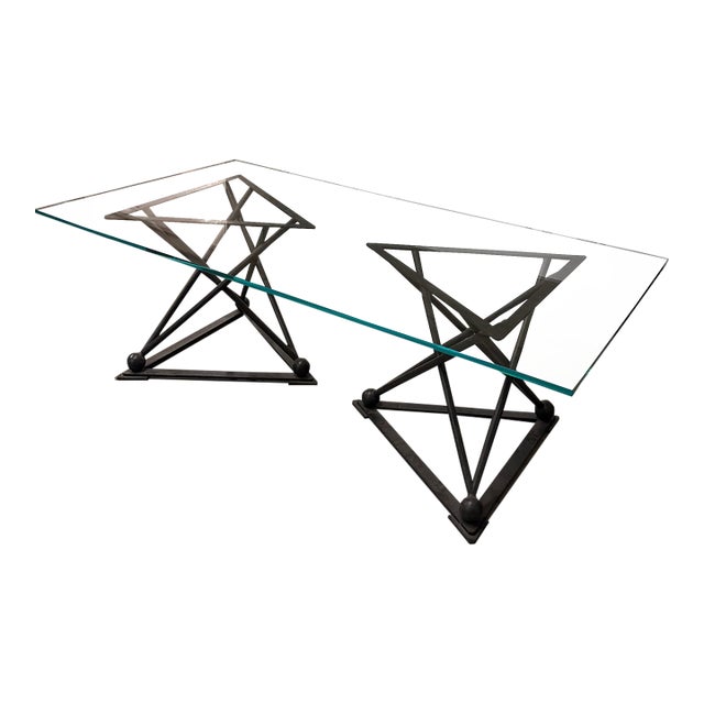Formations Dual Iron Pedestal Base Glass Dining Table For Sale
