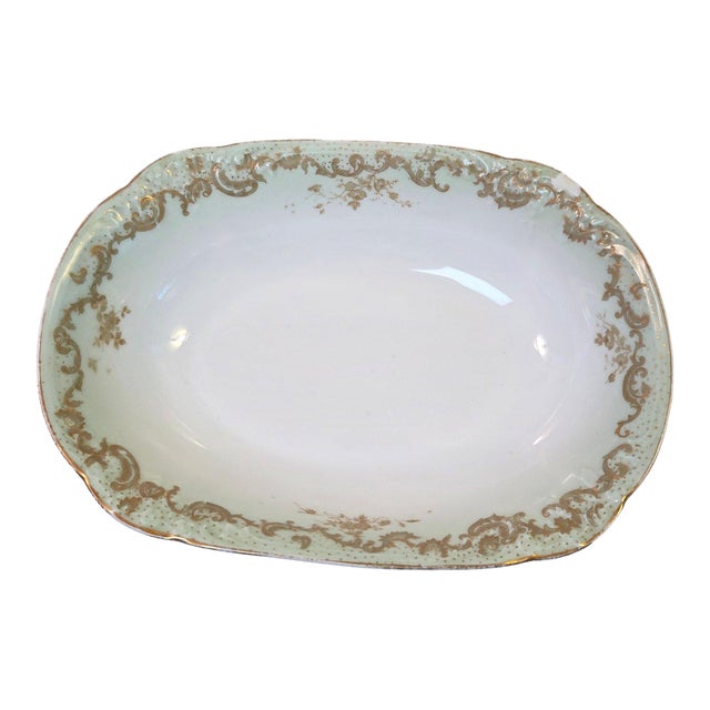 Antique Elite Works Limoges 10" Oval Serving Bowl - Gilded Scrolls & Celadon Dot Border For Sale