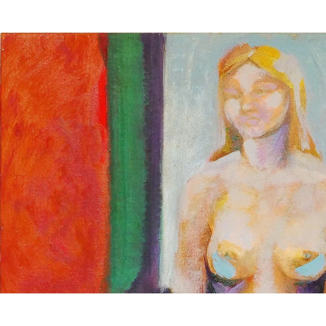 Abstract 1970s Modern Abstract Red and Green Toned Interior Painting of a Nude Female Figure by Margaret Nobler For Sale - Image 3 of 9