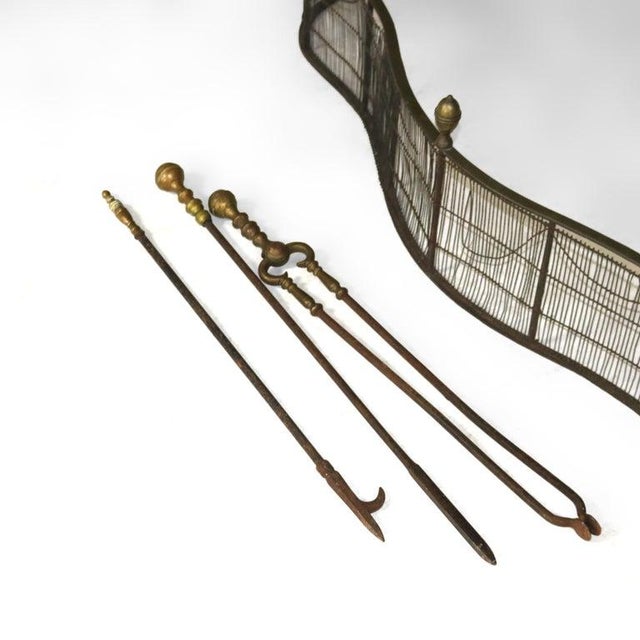 Antique Federal Brass & Wire Fireplace Fender & Three Piece Tool Set C1810 For Sale - Image 4 of 4