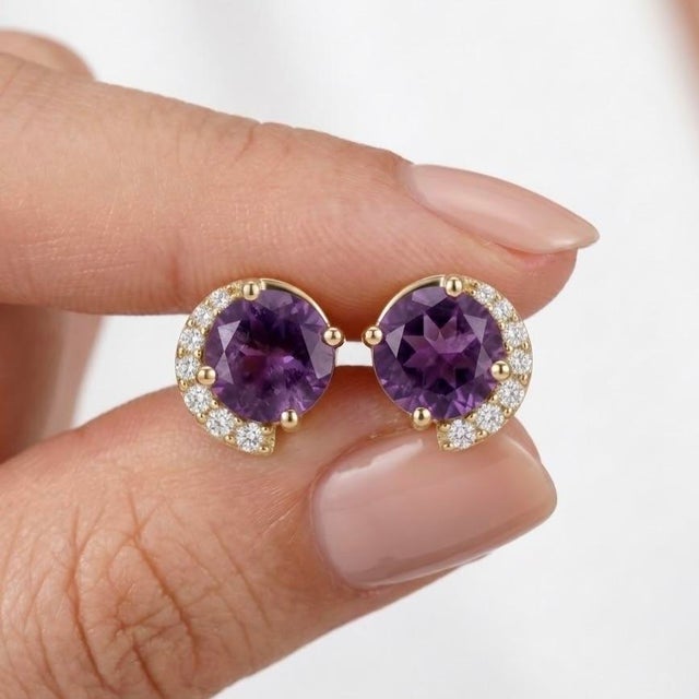 Contemporary Elegant Style Amethyst Dainty Studs - Febraury Birthstone Studs for Woman - A Pair For Sale - Image 3 of 4