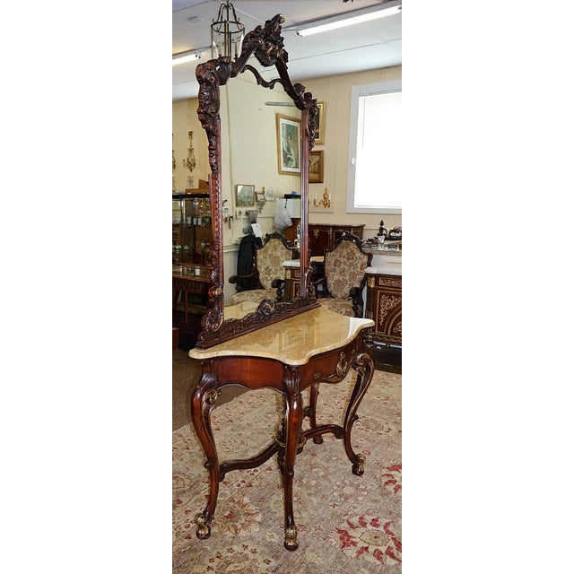 French 1980s Mahogany Louis XV French Style Marble Top Console With Mirror For Sale - Image 3 of 10