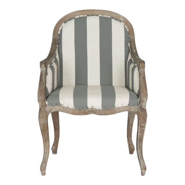 Armchair With Awning Stripes in Flat Black nailheads in Grey & Off White & Pickled Oak For Sale