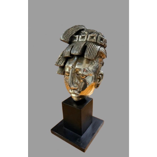 Mexican 1970s Mayan Aztec Warrior Silvered Bust For Sale - Image 3 of 8
