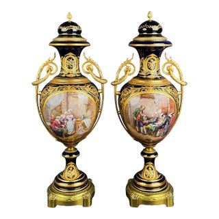 Pair of Sevres Ormolu Mounted Cobalt Ground Porcelain Vases For Sale