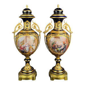 Pair of Sevres Ormolu Mounted Cobalt Ground Porcelain Vases