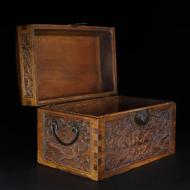 Chinese Chinese Rosewood Carved Dragon Treasure Box With Brass Hardware For Sale - Image 3 of 10