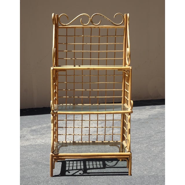 Mid-Century Modern Vintage Bamboo Etagere Three Shelves W Glass Bakers Rack ~ Coastal For Sale - Image 3 of 12