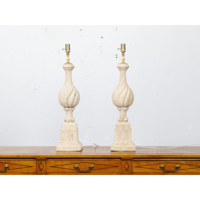 19th Century 19th Century Pine Twisted Finials on Tall Bases Mounted as Table Lamps - a Pair For Sale - Image 5 of 10