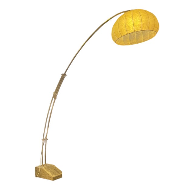 Space Age Arch Floor Lamp in Brass with Marble Base and Cocoon Lampshade by Hustadt Leuchten, 1970s For Sale