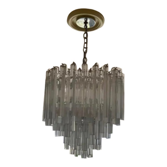 Vintage Mid-Century Modern Italian Murano Glass Triedi Venini Chandelier in Silver Chrome For Sale