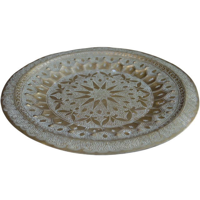 Brass Antique Hand-Engraved Moroccan Brass Tray For Sale - Image 8 of 11