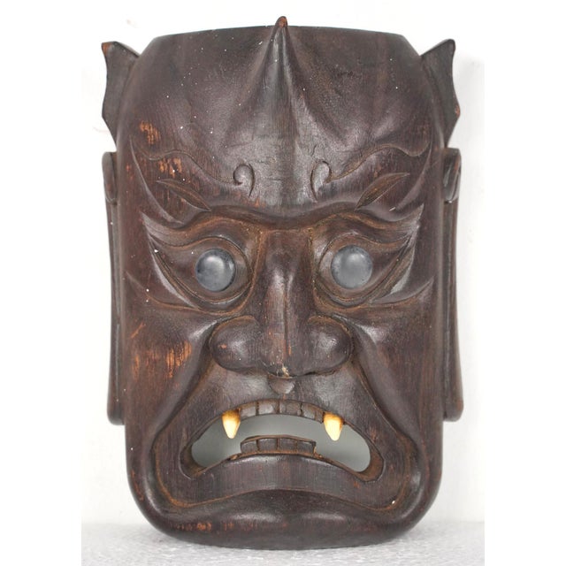 Pair of Vintage Japanese Hand Carved Wooden Masks For Sale - Image 6 of 11