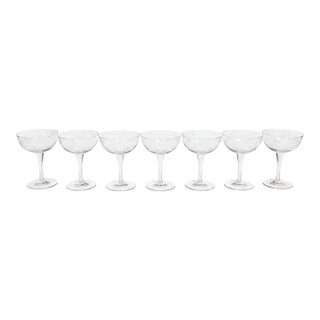 Vintage Sasaki Noritake Bamboo Etched Crystal Champagne Coupe Glasses - Set 7 For Sale