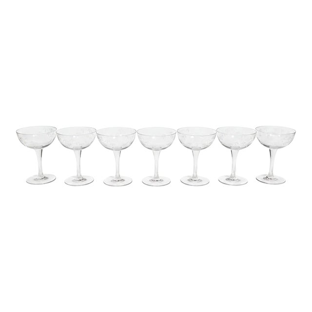 Vintage Sasaki Noritake Bamboo Etched Crystal Champagne Coupe Glasses - Set 7 For Sale