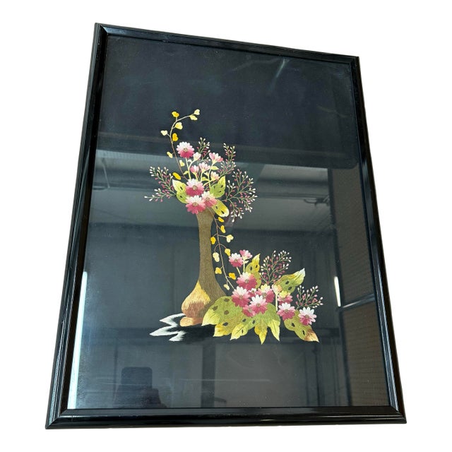 Vintage Asian Needlepoint on Black Silk Hand Made Floral Art Framed 25x19 For Sale