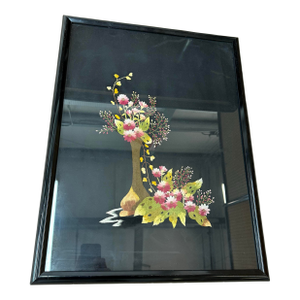 Vintage Asian Needlepoint on Black Silk Hand Made Floral Art Framed 25x19