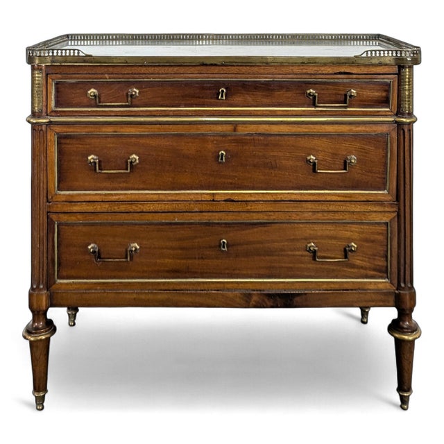Louis XVI Mahogany Commode with Marble Top and Brass Gallery For Sale