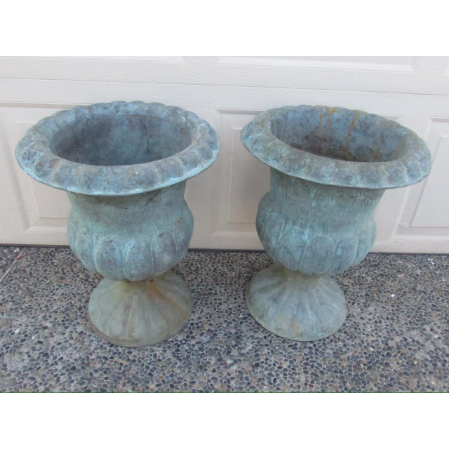 Green Pair of Antique French Copper Urns For Sale - Image 8 of 17