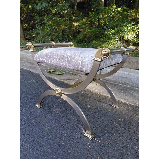 Hollywood Regency Vintage Hollywood Regency Brass and Nickel Curule Bench in Leopard Velvet For Sale - Image 3 of 4