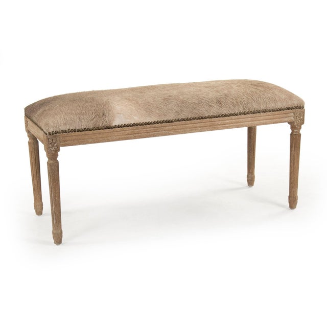 Farmhouse Lille Cowhide Bench - Peppered Cowhide / Weathered Gray Frame For Sale - Image 3 of 3
