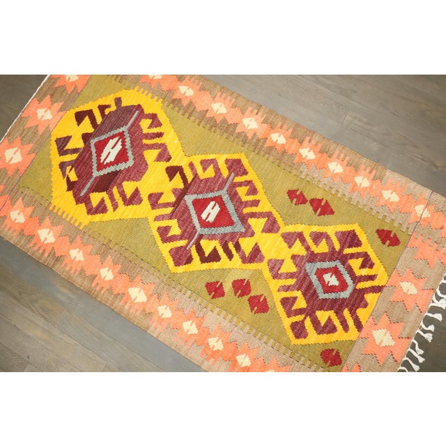 Mid 20th Century Vintage Zabihi Collection Lime Green Yellow Throw Kilim - 2'3" x 4'2" For Sale - Image 5 of 6