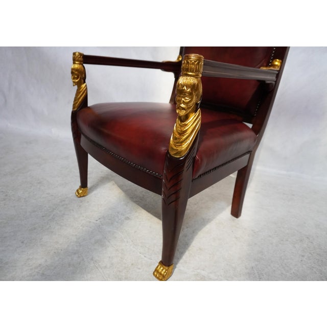 Wood Mid 20th Century Red Leather Empire Style Armchair With Gilded Figures For Sale - Image 7 of 11