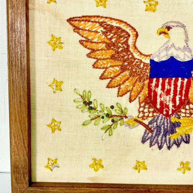 1930s Vintage Boho Chic Americana Patriotic Eagle Needlepoint Yarn Sampler, Framed For Sale - Image 6 of 11