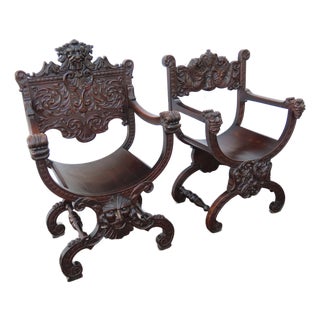 Late 1800s Gothic Heavy Hand Carved Throne His and Hers Curule Chairs 6570d For Sale