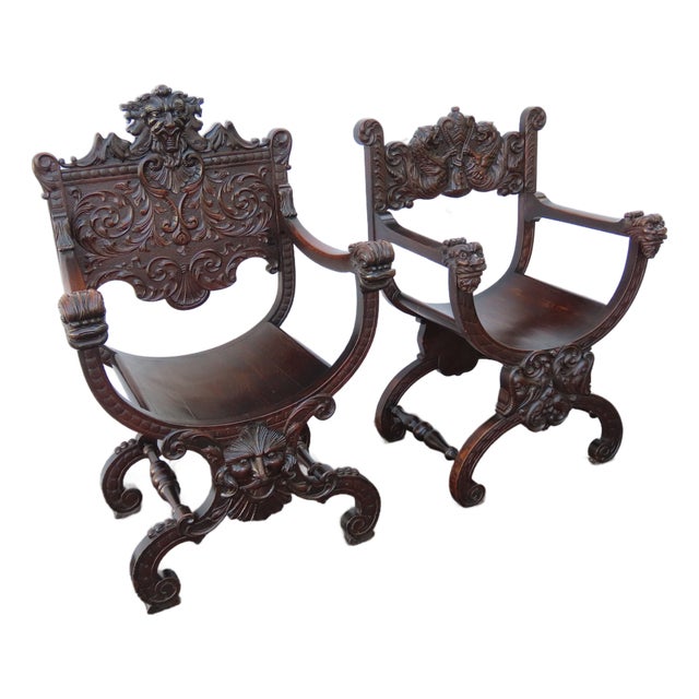 Late 1800s Gothic Heavy Hand Carved Throne His and Hers Curule Chairs 6570d For Sale
