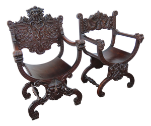 Late 1800s Gothic Heavy Hand Carved Throne His and Hers Curule Chairs 6570d
