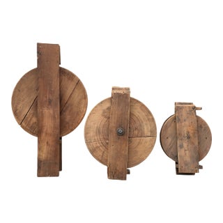 Trio of Antique Industrial Maple Dumb Waiter Pulleys For Sale