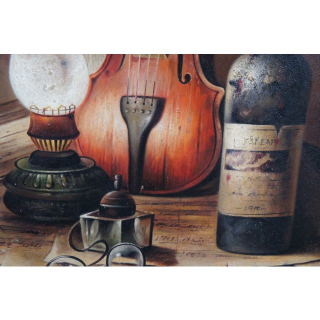 Late 20th Century Musician at Night Violin Wine Still Life Oil Painting on Canvas 47" For Sale - Image 5 of 10