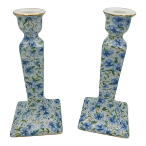 Vintage Two's Company Porcelain Blue White Green Flowers Pillar Candle Holder-Set of 2