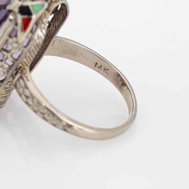 Early 20th Century Vintage Art Deco Amethyst Ring Enamel Cocktail 14k Gold Filigree Jewelry Size 7 For Sale - Image 4 of 7
