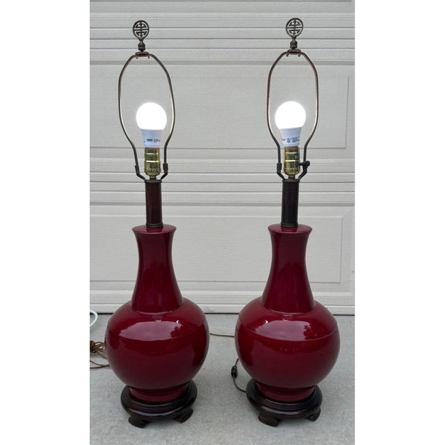 Chinoiserie Pair of Vintage Chinese Oxblood Red Glazed Ceramic Table Lamps – 33.5" For Sale - Image 3 of 18