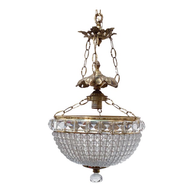 Vintage Brass Beaded Basket Chandelier For Sale