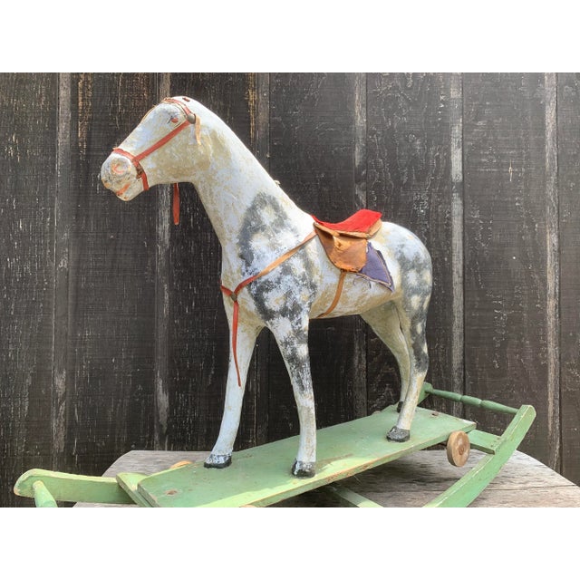 Antique dappled gray rocking horse lovely worn paint. Would make a wonder nursery room decoration. The paint is worn...