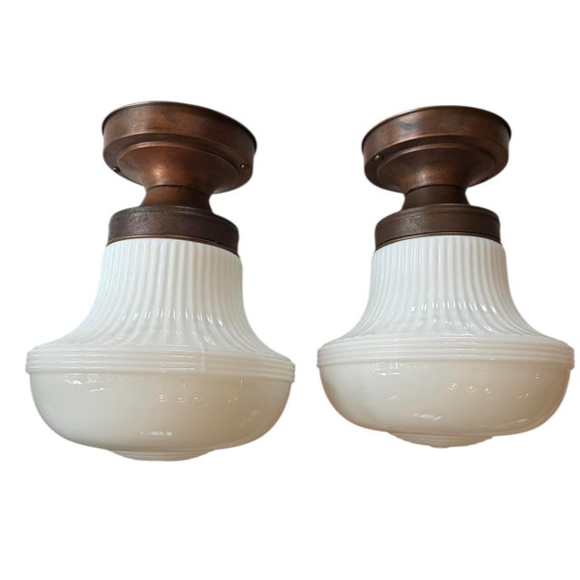 Mid 20th Century Mid 20th Century Pair of Mid Century Milk Glass Flushmount Ceiling Lights For Sale - Image 5 of 7