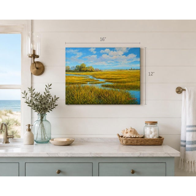 Coastal Coastal Winding Blue Marsh Golden Landscape Original Oil Painting by Humprey For Sale - Image 3 of 3