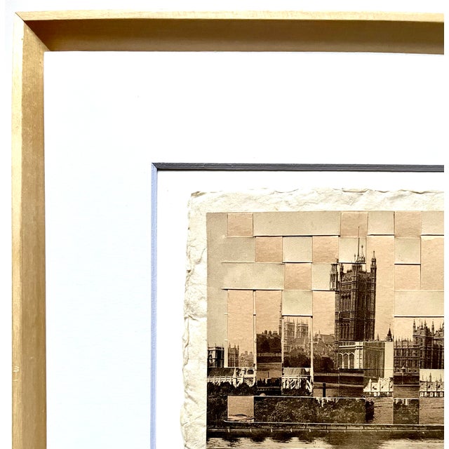 Contemporary View of Parliament, London - Hand Cut & Woven Vintage Photo Postcards, Framed For Sale - Image 3 of 3