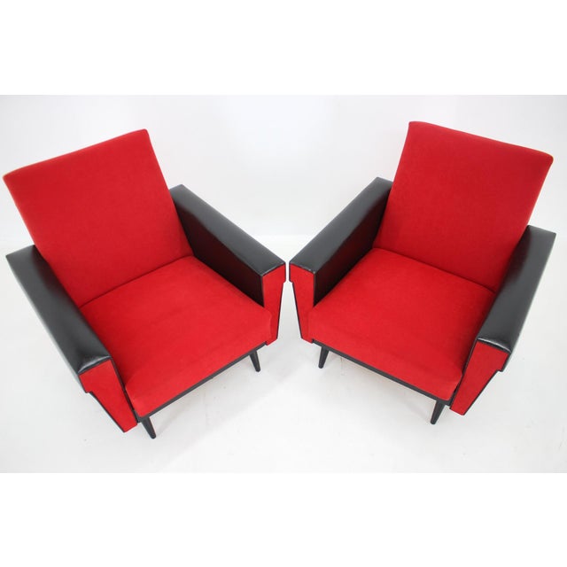 Set of Leatherette and Red Fabric Armchairs, Czechoslovakia, 1970s For Sale - Image 3 of 15