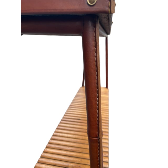 Vintage Stitched Leather and Oak Shelf by Jacques Adnet, 1950s For Sale - Image 11 of 15