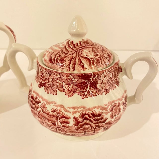 Vintage Wood & Son English Transferware Creamer & Sugar Set, Pink Mulberry Pastoral For Sale In Richmond - Image 6 of 7