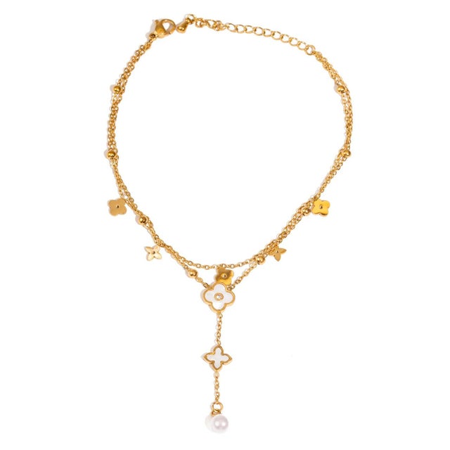 Early 21st Century Floral Pearl Charm Gold Anklet For Sale - Image 5 of 5