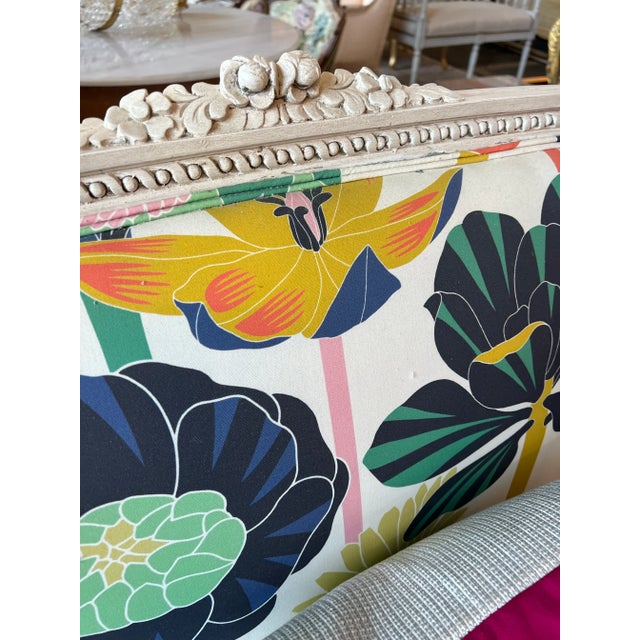 1970s Vintage Boho Floral Colorful Settee With White Wooden Base For Sale - Image 11 of 11