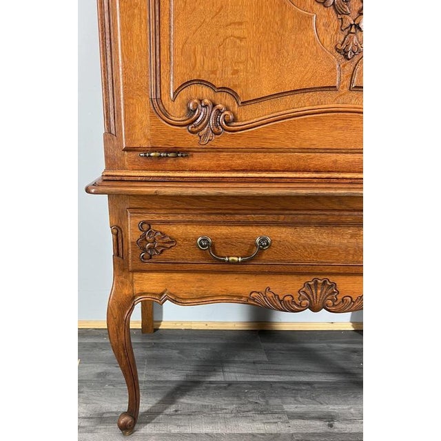 Vintage French Louis Style Carved Oak Cabinet with Drawer For Sale - Image 5 of 12