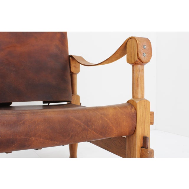 Brown Vintage Brutalist Safari Armchair in Wood and Cognac Leather, 1960s For Sale - Image 8 of 9